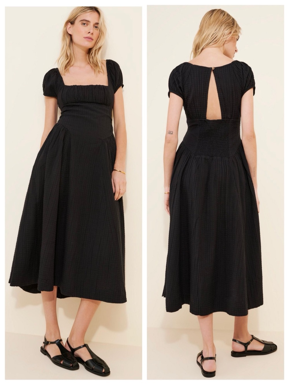 Free People Ciara Pucker Check Midi Dress in Black, Medium